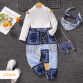 3pcs Toddler Girl Boho Mock Neck Cold Shoulder Tee and Exotic Pants & Scarf Set White image 2
