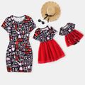 Valentine's Day Mommy and Me Allover Heart & Letter Print Short-sleeve Bodycon Dress or Mesh Dress Black image 1
