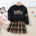 2pcs Kid Girl Letter Embroidered Sweatshirt and Plaid Pleated Skirt Set Black image 1