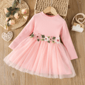 Kid Girl 3D Floral Design Ribbed Mesh Splice Long-sleeve Pink Dress Pink image 1