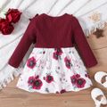 Baby Girl Solid Rib Knit Ruffle Trim Long-sleeve Spliced Allover Print Bow Front Dress Deep Magenta image 2