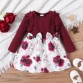 Baby Girl Solid Rib Knit Ruffle Trim Long-sleeve Spliced Allover Print Bow Front Dress Deep Magenta image 1
