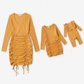 Mommy and Me 95% Cotton Rib Knit Long-sleeve Drawstring Ruched Bodycon Dress Yellow image 1