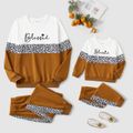 Mommy and Me Letter Print Leopard Colorblock Long-sleeve Sweatshirts and Sweatpants Sets Khaki image 1