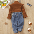 2pcs Toddler Girl Sweet Denim Jeans and Turtleneck Ruffled Bell sleeves Tee set Brown image 2