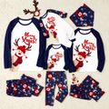 Merry Xmas Letters and Reindeer Print Navy Family Matching Long-sleeve Pajamas Sets (Flame Resistant) Dark blue/White/Red image 1