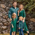 Family Matching Dark Green Lace 3/4 Sleeve Irregular Hem Dresses and Plaid Shirts Sets Green image 2