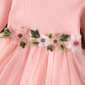 Kid Girl 3D Floral Design Ribbed Mesh Splice Long-sleeve Pink Dress Pink image 3