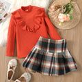 2pcs Kid Girl Ruffled Mock Neck Long-sleeve Tee and Plaid Skirt Set Red image 1