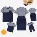 Family Matching 95% Cotton Short-sleeve Striped Spliced Ruched Bodycon Dresses and T-shirts Sets Tibetanbluewhite image 1
