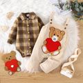 2pcs Baby Boy Long-sleeve Plaid Romper and Bear Embroidered Corduroy Overalls Set Khaki image 1