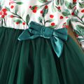 Kid Girl 3D Bowknot Design Floral Print Mesh Splice Long-sleeve Dress Green image 4