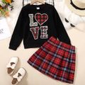 2pcs Kid Girl Valentine's Day Letter Embroidered Sweatshirt and Red Plaid Skirt Set Black image 1