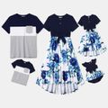 Family Matching 95% Cotton Short-sleeve Colorblock T-shirts and Floral Print High Low Hem Spliced Dresses Sets royalblue image 1
