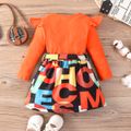 2pcs Kid Girl Ruffled Ribbed Long-sleeve Tee and Letter Print Belted Skirt Set Orange image 2