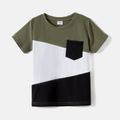 Family Matching 100% Cotton Short-sleeve Button Front Belted High Low Hem Dresses and Colorblock T-shirts Sets Green image 2