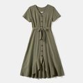 Family Matching 100% Cotton Short-sleeve Button Front Belted High Low Hem Dresses and Colorblock T-shirts Sets Green image 4
