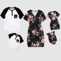 Family Matching 95% Cotton Colorblock Raglan-sleeve Button Front T-shirts and Floral Print V Neck Bodycon Dresses Sets Black image 1