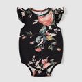 Family Matching 95% Cotton Colorblock Raglan-sleeve Button Front T-shirts and Floral Print V Neck Bodycon Dresses Sets Black image 4