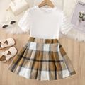 2pcs Kid Girl Textured Short-sleeve Tee and Plaid Pleated Skirt Set White image 1