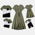 Family Matching 100% Cotton Short-sleeve Button Front Belted High Low Hem Dresses and Colorblock T-shirts Sets Green image 1