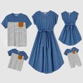 Family Matching Blue Cap-sleeve Belted Midi Dresses and Short-sleeve Striped Spliced T-shirts Sets Blue image 1