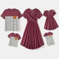 Family Matching Solid Crisscross Pleated A-line Dresses and Short-sleeve Striped Spliced T-shirts Sets Deep Magenta image 1