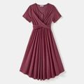 Family Matching Solid Crisscross Pleated A-line Dresses and Short-sleeve Striped Spliced T-shirts Sets Deep Magenta image 2