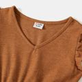 Family Matching Solid V Neck Flutter-sleeve Spliced Floral Print High Low Hem Dresses and Colorblock T-shirts Sets Brown image 5