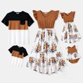 Family Matching Solid V Neck Flutter-sleeve Spliced Floral Print High Low Hem Dresses and Colorblock T-shirts Sets Brown image 1