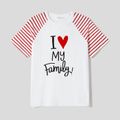 Valentine's Day Family Matching 95% Cotton Letter Graphic Striped Raglan Sleeve T-shirts and Allover Red Heart Print Surplice Neck Ruffle-sleeve Belted Naia Dresses Sets REDWHITE image 4