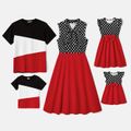 Family Matching Polka Dot Print Tie Neck Sleeveless Red Spliced Dresses and Short-sleeve Colorblock T-shirts Sets MultiColour image 1