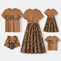 Family Matching Khaki Short-sleeve Spliced Leopard Print Midi Dresses and T-shirts Sets Khaki image 1