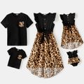 Family Matching Cotton Black Short-sleeve T-shirts and Leopard Print High Low Hem Flutter-sleeve Dresses Sets Black image 1