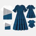 Family Matching Solid Ruffle-sleeve Shirred Tiered Dresses and Colorblock T-shirts Sets Blue image 1