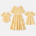 Mommy and Me Yellow Striped Ruffle Trim Short-sleeve A-line Dresses yellowwhite image 1
