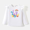 [2Y-6Y] Go-Neat Water Repellent and Stain Resistant Toddler Girl Dinosaur & Rainbow Print Long-sleeve Tee White image 1