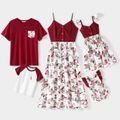 Family Matching Cotton Short-sleeve T-shirts and Floral Print Spliced Cami Dresses Sets WineRed image 1
