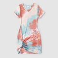 Family Matching Colorblock Tie Dye Twist Knot Bodycon Dresses and Short-sleeve T-shirts Sets Colorful image 4