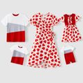 Valentine's Day Family Matching 95% Cotton Short-sleeve Colorblock T-shirts and Allover Heart Print Dresses Sets Red image 1
