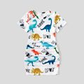 Family Matching Allover Dinosaur Print Drawstring Ruched Bodycon Dresses and Short-sleeve T-shirts Sets BlackandWhite image 4