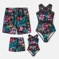 Family Matching Allover Plant Print Crisscross One-Piece Swimsuit and Swim Trunks Black image 1