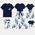 Family Matching 95% Cotton Dark Blue Short-sleeve T-shirts and Floral Print Spliced Dresses Sets DeepSapphireBlue image 1