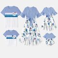 Family Matching Solid Surplice Neck Ruffle-sleeve Spliced Floral Print High Low Hem Dresses and Short-sleeve Striped Colorblock T-shirts Sets ColorBlock image 1