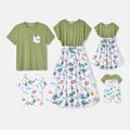 Family Matching Allover Dinosaur Print Belted Spliced Dresses and Short-sleeve T-shirts Sets Colorful image 1