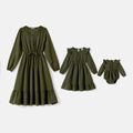 Mommy and Me Solid Swiss Dot Lace Detail Ruffle Hem Long-sleeve Dresses Army green image 1