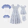 Family Matching Allover Floral Print Shirred Tiered Dresses and Short-sleeve Colorblock T-shirts Sets BLUE WHITE image 1
