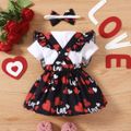 3pcs Baby Girl Allover Heart & Letter Print Ruffle Trim Suspender Skirt and Solid Short-sleeve Romper with Headband Set Black image 2