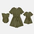 Mommy and Me 100% Cotton Solid Short-sleeve Belted Rompers Army green image 1