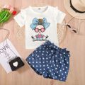 2pcs Kid Girl Figure Print Ruffled Short-sleeve Tee and Polka dots Denim Shorts Set White image 1